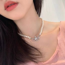 Viviane westwood Necklace Flat Saturn Pearl Necklace Women's Light Luxury Netizens Classic Full Diamond Planet Collar Chain High Version Jewelry