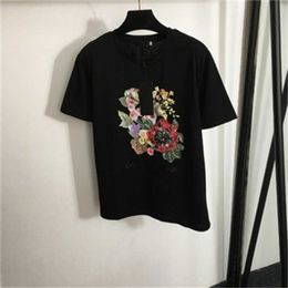 summer tshirt designer clothes women t shirt new cotton breathable tee crew neck long tees sequined beaded Coloured flowers print fashion tops casual clothes woman