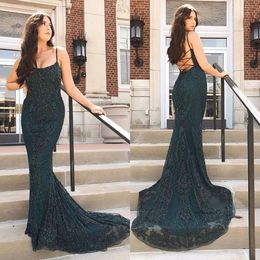 2020 New Arrival Mermaid Evening Spaghetti Sleeveless Formal Dresses Sweep Train Beads Sequins Lace Up Party Gowns 0508
