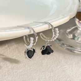 Dangle Earrings Gothic Black Rose Pearl For Women Dark Elegant Asymmetric Thorn Crystal Heart Ear Accessories Fashion Jewellery