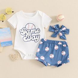 Clothing Sets Baby Boy Girl Summer Outfit Letter Embroidery Short Sleeve Romper Baseball Print Shorts Headband Toddler 3 Piece Set