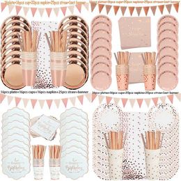Disposable Dinnerware Rose gold birthday decoration disposable tableware set paper cups adult wedding party childrens and baby products Q240507