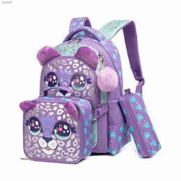 Рюкзаки новая мультипликационная серия кошек Purple Chiek Three Piece School рюкзак с сумкой для обеда и карандашом Wx