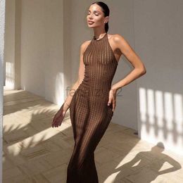 Casual Dresses Designer Dress 2024 Summer New Knitted Hanging Neck Sleeveless Long Dress Solid Colour Tight Sexy Off Back Dress for Women Plus size Dresses