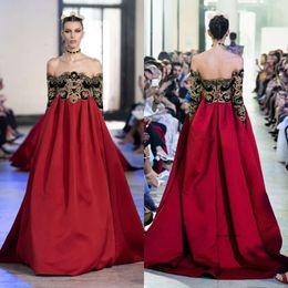 2020 Modest ELIE SAAB Off Shoulder Empire Sweep Train A Line Evening Applique Crystal Beaded Formal Dresses Satin Party Gown 0508