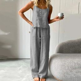 Women's Two Piece Pants 2024 Cotton Linen Suit Slip Vest Wide-leg Suits Female Fashion Casual 2 Sets Home Clothes Ladies