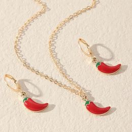 Necklace Earrings Set Korean Cute Little Red Enamel Pendant Clavicle Chain With Chili Pepper Jewelry Female Party Necklace/Earrings Gifts