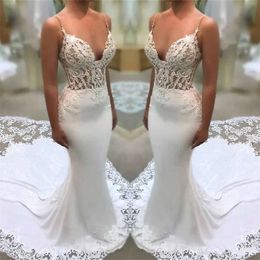 Straps Lace Spaghetti Mermaid Illusion Elegant Dresses Satin Tulle Applique Court Train Wedding Bridal Gowns Vestidos De Novia