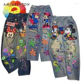 Women's Jeans Heavy Industry European Style 2024 Spring Summer Thai Fashion Cartoon Ripped Gem Doodle Hand Drawn Wide Leg Pants Trousers