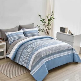 Bedding sets 5-piece pocket striped comfortable set with dual sizes white Grey blue striped comfortable set and bed sheet set J240507