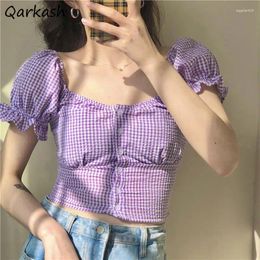 Women's Blouses Shirts Women Slim Puff Sleeve Plaid Square Collar Korean Style Sweet Crop Tops Ulzzang Holiday Streetwear Summer Retro Chic