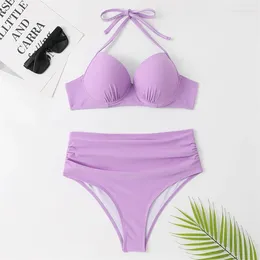 Women's Swimwear Summer High Waist Bikinis Set Solid Strappy Bandage Female Ladies Push Up Swimsuit Suit