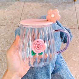 Mugs 450ml Summer Mug Ins Wind High Value Cute Coffee Glass Cup Heat-Resistant Household Water Female Office Flower Tea Cups