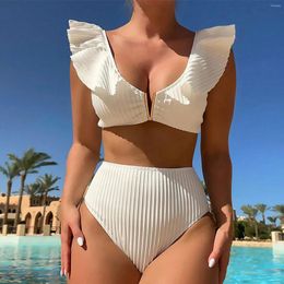 Women's Swimwear 2024 Summer Sexy V Neck Push Up Bra Ruffle Bikini Two Piece Swimsuit Fashion Solid Colour High Waist