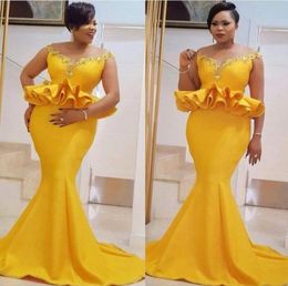 Vintage Bright Yellow Mermaid Prom Dresses Plus Size African Cap Sleeves Aso Ebi Formal Evening Gowns With Peplum Custom Made Part6466735