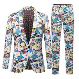mens fashion set party jacket casual slim fit sports jacket button set 3D floral print painting sports jacket mens blue 2PCS 240429