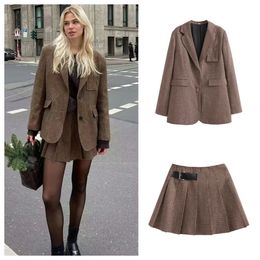 PB ZA Autumn Loose and Slim Suit Coat Leather Buckle Decoration Wide Pleated Skirt Pants Two Piece Set 240423
