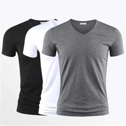 Men's T-Shirts 2024 Mens T-shirt Solid V-neck Short Seven Top Ts Black Tight H240508