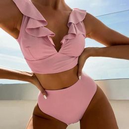 Women's Swimwear 2Pcs/Set Women Summer Bikini Set V-Neck Ruffle Stitching Tops High Waist Swimming Trunks Solid Colour Quick Drying Lace-Up