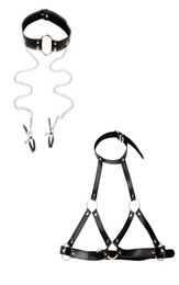 New Design Bondage Gear Set Mouth Gag Head Harness with Nipple Clamps and Breast Restraint Harness Faux Leather Erotic Costume B034492002