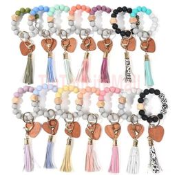 14 Colours Favour Valentines Day Love Wood Chip Silicone Bead Bracelet Keychain Party Favour Wristlet Key Chain Tassels Handchain Key5067688
