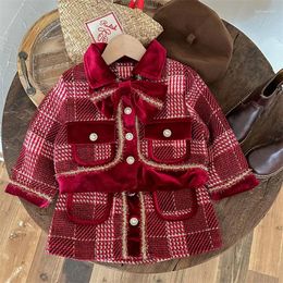 Clothing Sets Girls Princess 2pcs Winter Children Kids Baby Infants Plaid Bow Woolen Coat Plus Fleece Skirt Padded Suit