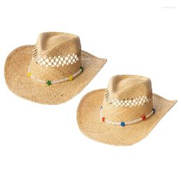 Berets Hollow Out Summer Sun Hat For Women Wide Brim Pearl Chain Straw Beach Party Protective Travel Female K3KF