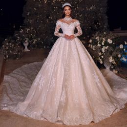 2024 New Arrival Wedding Dresses High Collar Pearls Beads Appliques Lace Long Sleeves Tulle Bride Formal Gowns Robe Mariage Vestidos De Novia Customed