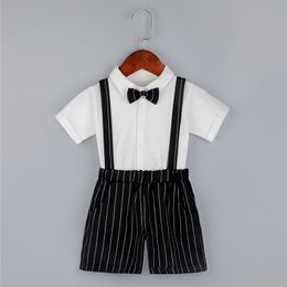 Boys backpack trousers summer suit kindergarten children's performance clothing in small children British style host performance (shirt + trousers + backpack + bow tie)