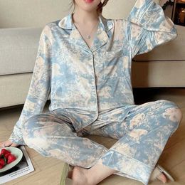 Women's Sleep Lounge 2024 Spring Autumn New Ice Silk Soft Clothes Sets Lapel Button Cardigan Women Sets Luxury Two Pieces Blue Bandhnu Women Pyjama