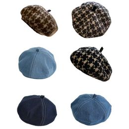 Caps Hats Classic French Berets Solid Color/Plaid Artist Beanie Cap Painter Beret for 2-6 Years Kids H240508