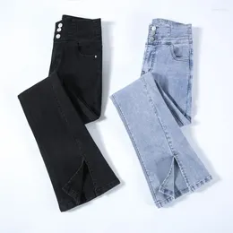 Women's Jeans High Waist 2024 Spring Split Women Stretch Flare Denim Pants Black Solid Fall Chic Ladies Skinny Floor-Length Trouser P901