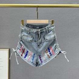 Women's Jeans Denim Shorts For Women 2024 Summer High Waist Drawstring Girls Students Colourful Crystals Wide Leg Pants