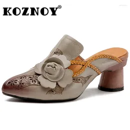 Slippers Koznoy 5.5cm Genuine Leather Ethnic Summer Chunky Heels Fashion Ladies Sexy Office Lady Sandals Hook Women Hollow Luxury Shoes