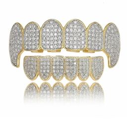 Hiphop Bling Zircon Teeth Men Women Plated Real Gold Body Jewelry Top Bottom Tooth Grills Cap Mold Kit Set Canine Shape 240504