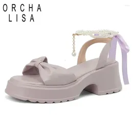 Dress Shoes ORCHA LISA 2024 Summer Women Sandals Thich Heels 6cm Bowknot Lace Up String Beads Platform Large Size 42 43 Soft Daily