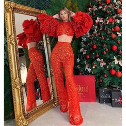 Dresses Red Ruffles Long Tiered Sleeve Prom Short Top Pant Suits Sparkling Sequins Custom Made Sexy Evening Dress Women Formal Party Wear