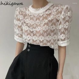 Women's Blouses Summer Camisas De Mujer O-neck Puff Sleeve 2024 Clothing Vintage Korean Sexy Shirts Embroidery See Through Tops