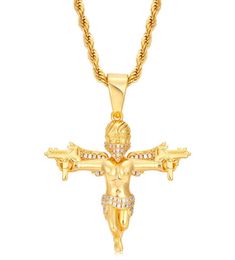 Personality Street Rapper Jewelry Gold Silver Colors CZ Gun Angle Pendant Necklace with 24inch Rope Chain Nice Gift5310170