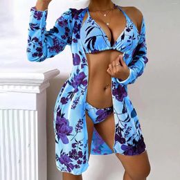 Women's Swimwear Big Bust Bikini Top Floral Print High Stretch 3 Set Swimsuits Triangle Halter Tie Strap & Long Sleeve Found Po