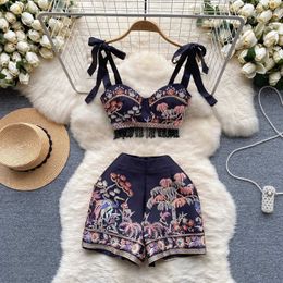 Two Piece Dress Bohemian Holiday Summer Clothing for Women Printed Tassel Spaghetti Strap Tan Tops+ High Wost Zipper Fly Shorts Set Dropshipping Y240508