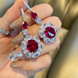 Charm Flower Ruby Diamond Dangle Earring 100% Real 925 Sterling Silver Wedding Drop Earrings for Women Bridal Jewellery