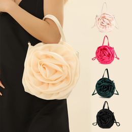 Luxury Rose Handbags Design Silk Pleated Flower Shoulder Bag Women Red Satin Round Evening Purse Wedding Party Clutches Female 240426