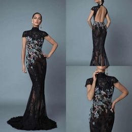 Modest Customized Mermaid Short Sleeve Prom Dresses High Neck Evening Dress Applique Crystal Sweep Train Formal Party Bridesmaid Gown 0508