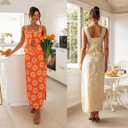 Work Dresses JKW Exclusive For 2024Lace Stitching Square Collar Top Printed Long Skirt Hem Split Suit