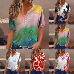 Women's T Shirts T-Shirts For Women Tees Plus Size Summer Fashion Painted Simple Print Button Casual V Neck Loose Female Clothing