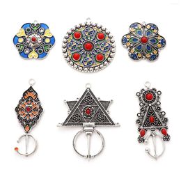 Pendant Necklaces 2PCs Ethnic Bohemia Pendants Antique Silver Colour Enamel Flower Round Charms For DIY Making Necklace Earrings Jewellery