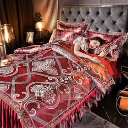 Bedding sets Satin Luxury Bed Set Jacquard High-end Bed Skirt Duvet Cover Set Four-piece Lace Bedspread Nordic Style Queen Bedding Set J240507