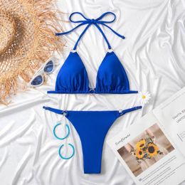 Women's Swimwear 2024 Summer Chain Linked Blue Bikini Set For Women Holiday Swim Beach Wear Halter Lacing Up Triangle Bikinis Lady