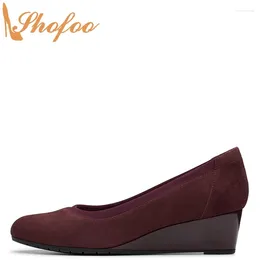 Dress Shoes Burgundy Women Pumps High Wedge Heels Round Toe Slip On Large Size 12 15 Lady Autumn Fashion Office Mature Concise ShofooB